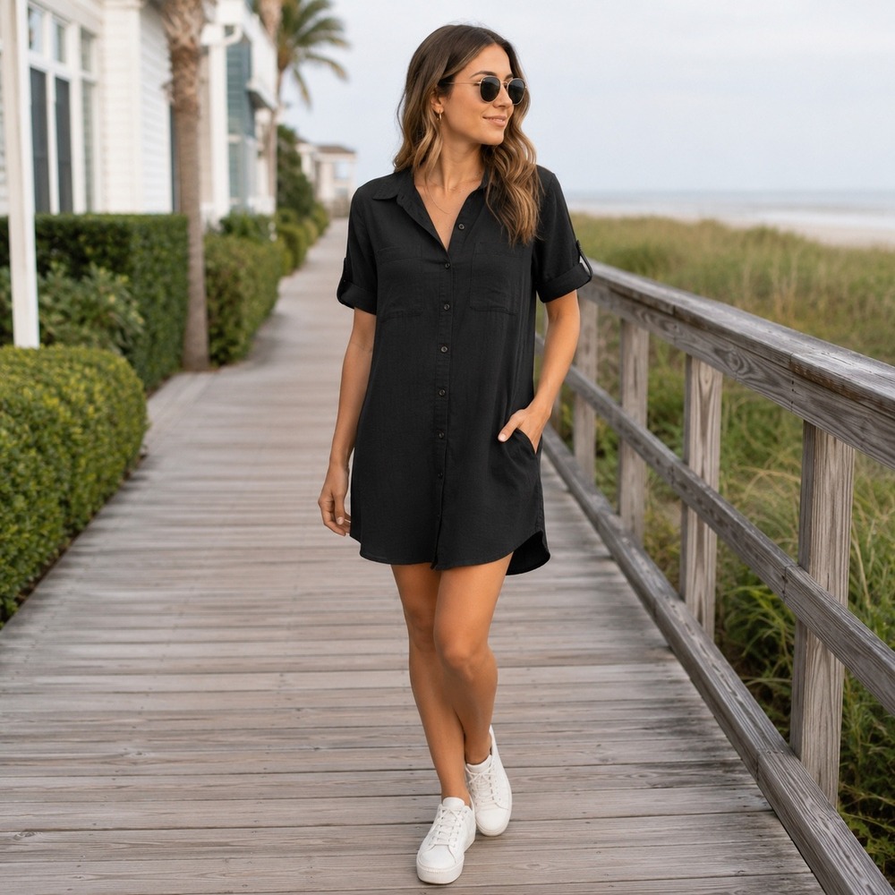 Lulu's Black Shirt Dress XS NWT Rayon Blend Button Front Collared Casual  Tunic
